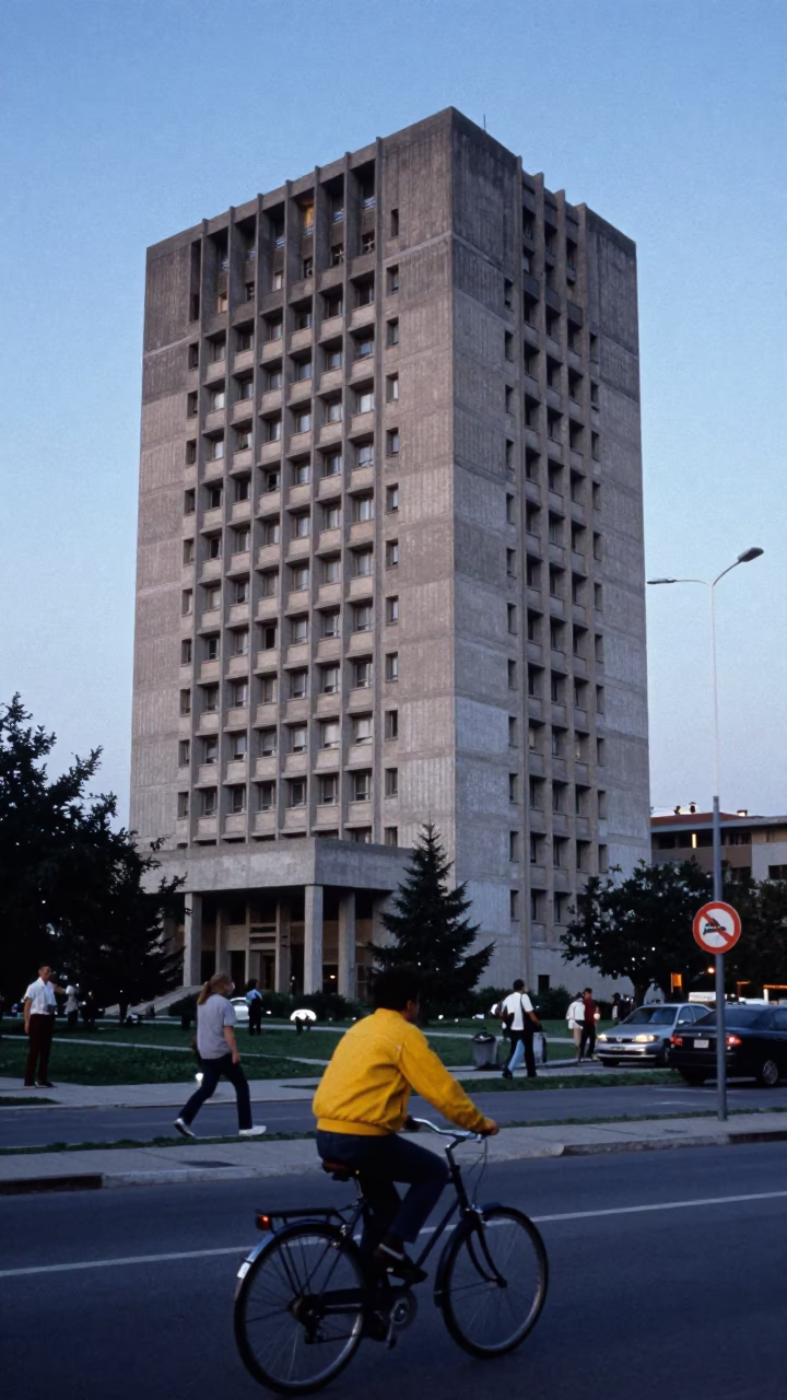 Blue Hour Street Scene in Athens Greece with Brutalist Concrete Tower and Cyclist in in Athens, Greece