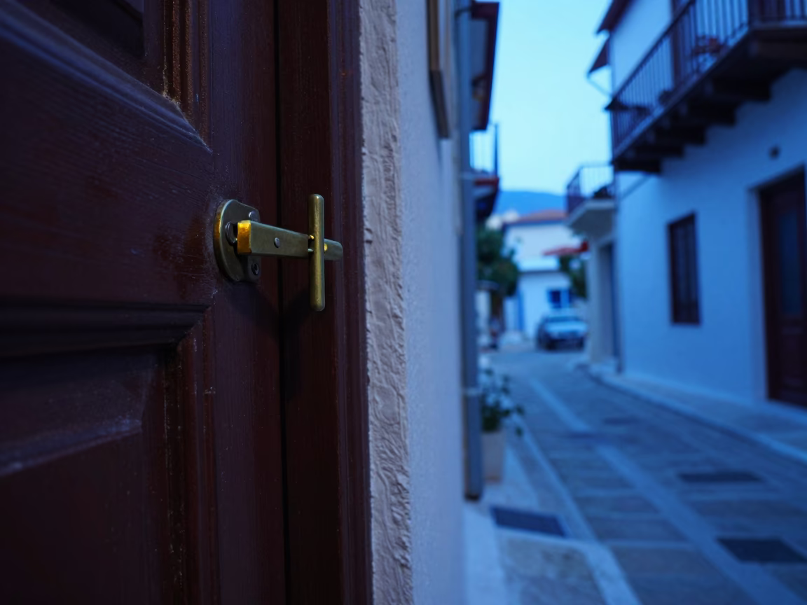 Blue Hour Street Scene in Athens Greece with Door Latch and Urban Details in in Athens, Greece
