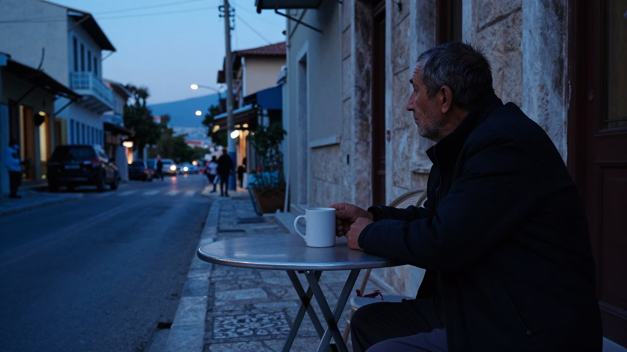 Blue Hour Street Scene in Athens Greece with Mug and Turnbuckle Details in in Athens, Greece