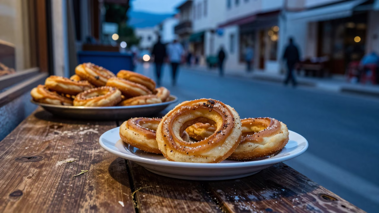 Blue Hour Street Scene in Athens Greece with Porcelain Plate and Mandazi in in Athens, Greece