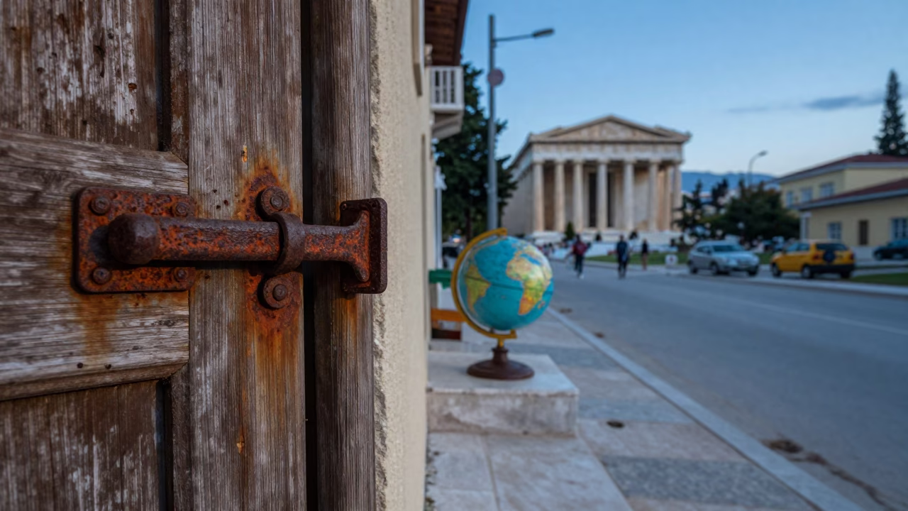 Blue Hour Street Scene in Athens Greece with Rusty Latch and Classroom Globe in in Athens, Greece