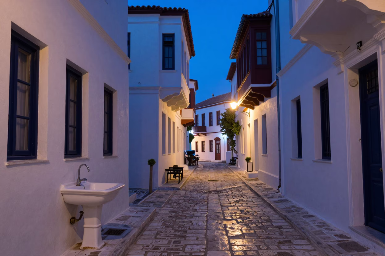 Blue Hour Street Scene in Athens Greece with Traditional Wash Basin and Evening Ambiance in in Athens, Greece