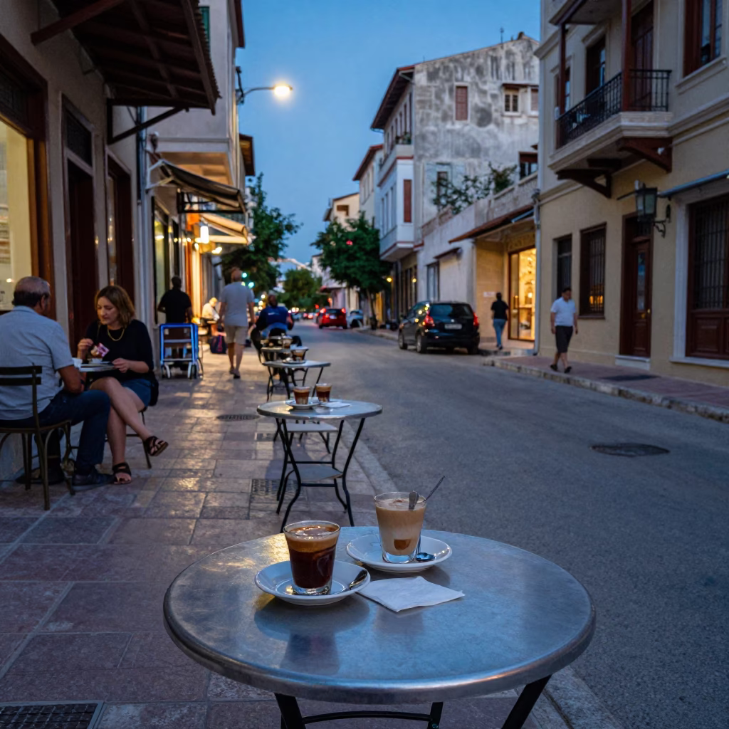 Blue Hour Street Scene in Athens Greece with Turkish Coffee and Urban Life in in Athens, Greece