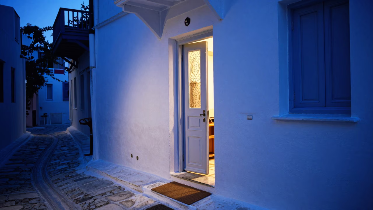 Blue Hour Street Scene in Athens Greece with White Door and Doormat in in Athens, Greece