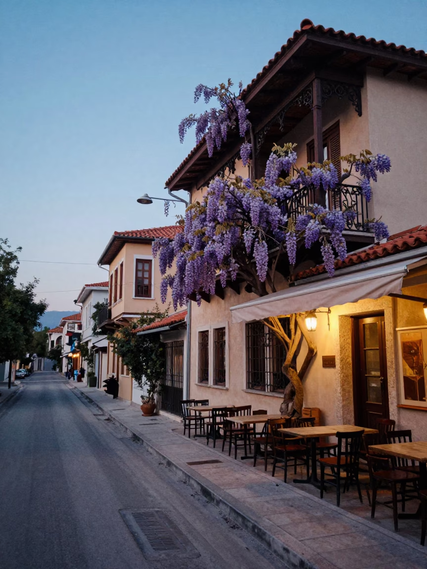 Blue Hour Street Scene in Athens Greece with Wisteria and Local Cafe Detail in in Athens, Greece