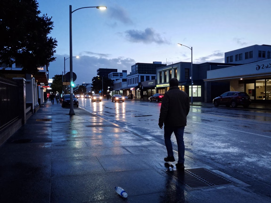 Blue Hour Street Scene in Auckland New Zealand with Condensation and Urban Details in in Auckland, New Zealand
