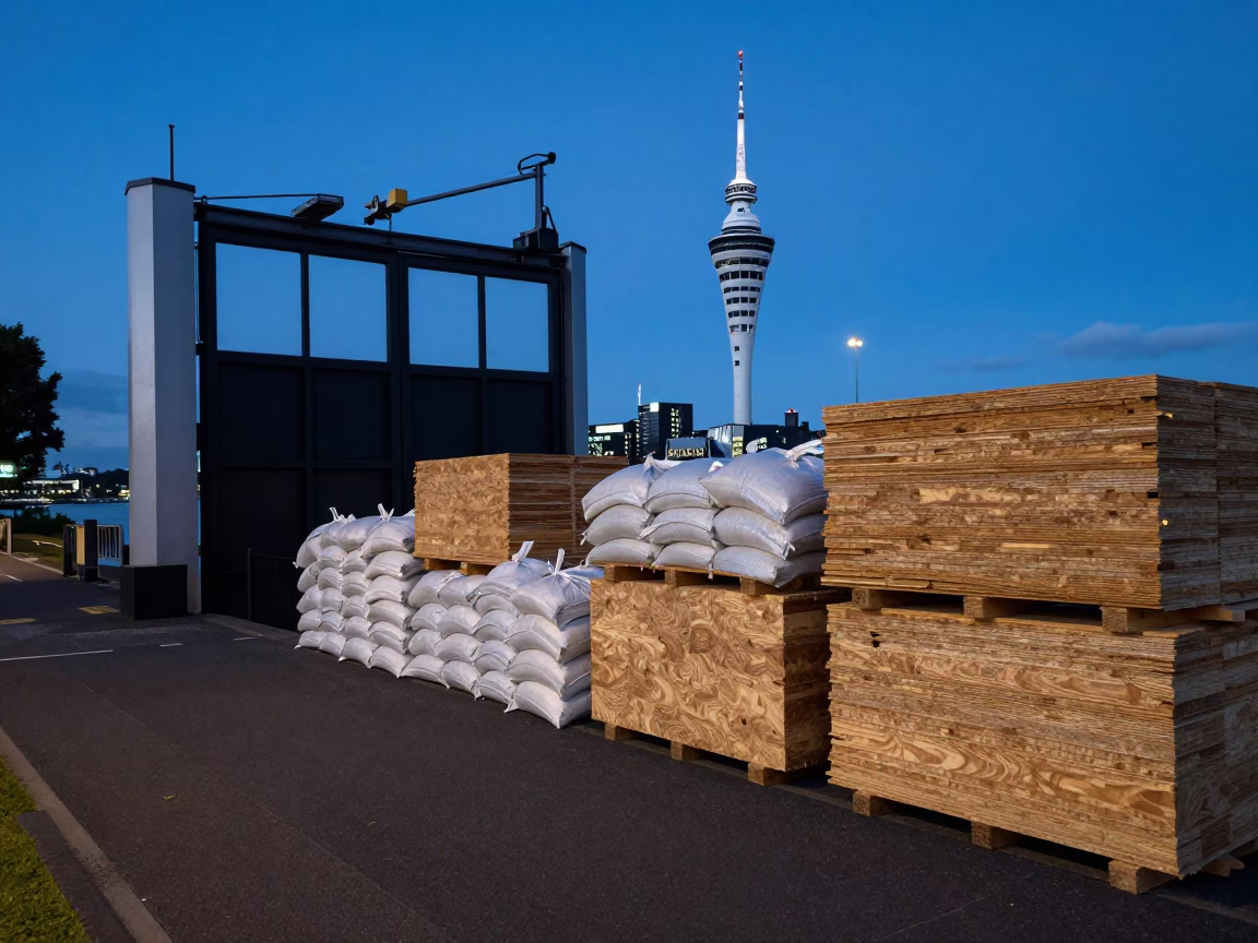 Blue Hour Street Scene in Auckland New Zealand with Levee Floodgate and Plywood Stacks in in Auckland, New Zealand