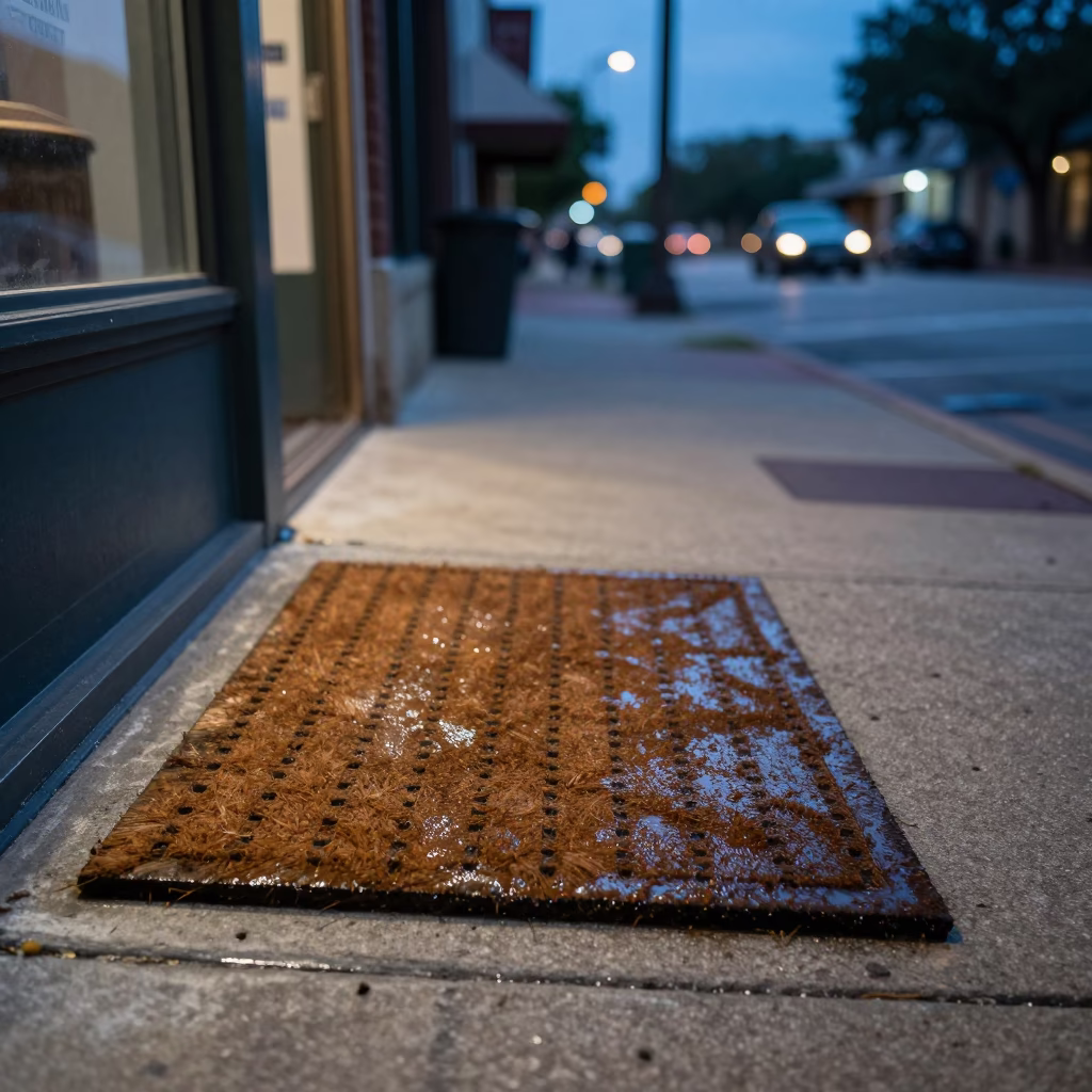 Blue Hour Street Scene in Austin Texas with Doormat and Condensation Details in in Austin, Texas, United States