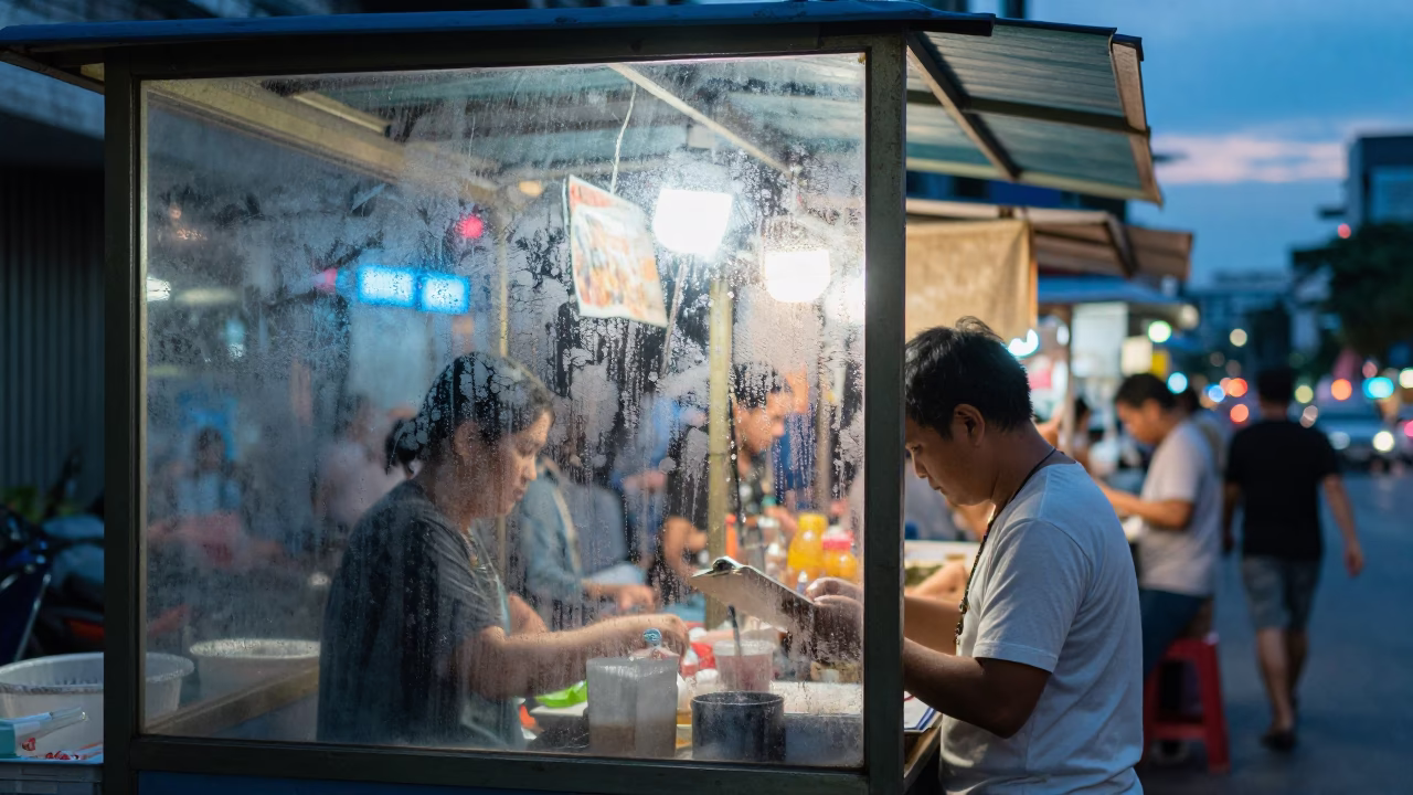 Blue Hour Street Scene in Bangkok Thailand with Condensation on Glass and Clipboard in in Bangkok, Thailand
