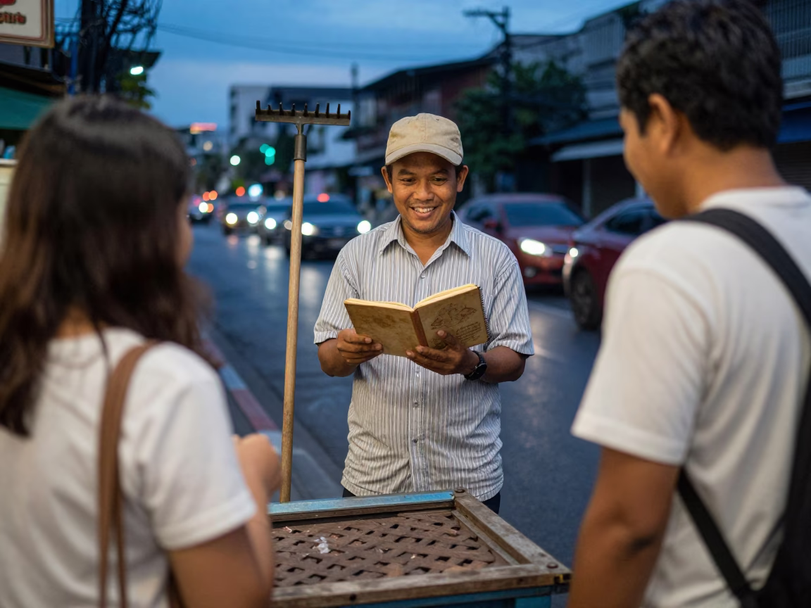 Blue Hour Street Scene in Bangkok Thailand With Vintage Notebook And Garden Rake in in Bangkok, Thailand
