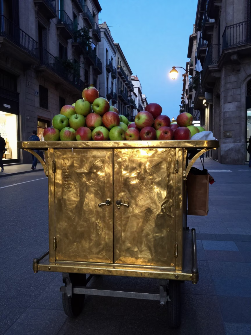 Blue Hour Street Scene in Barcelona Spain with Apples and Brass Details in in Barcelona, Spain