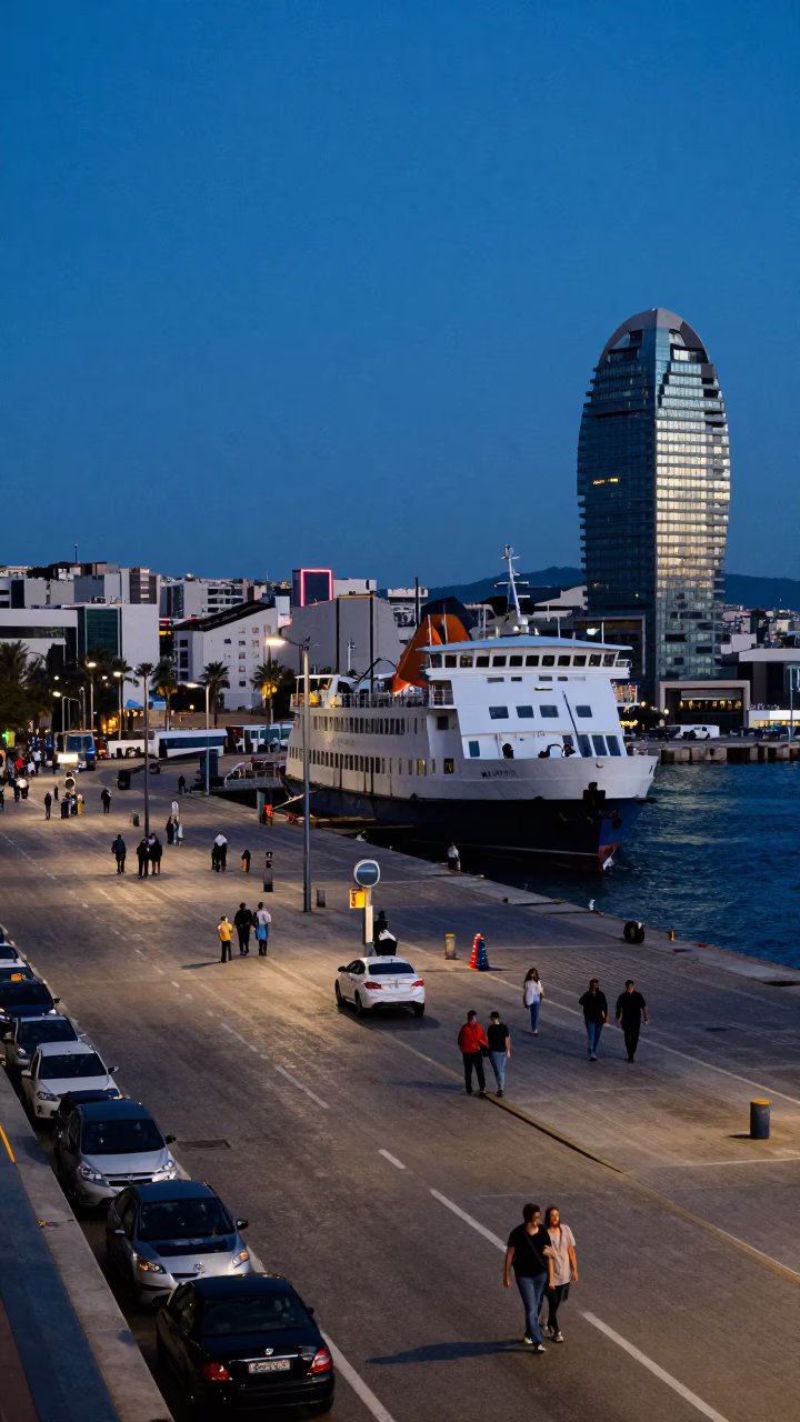 Blue Hour Street Scene in Barcelona Spain with Ferry Dock and Urban Activity in in Barcelona, Spain