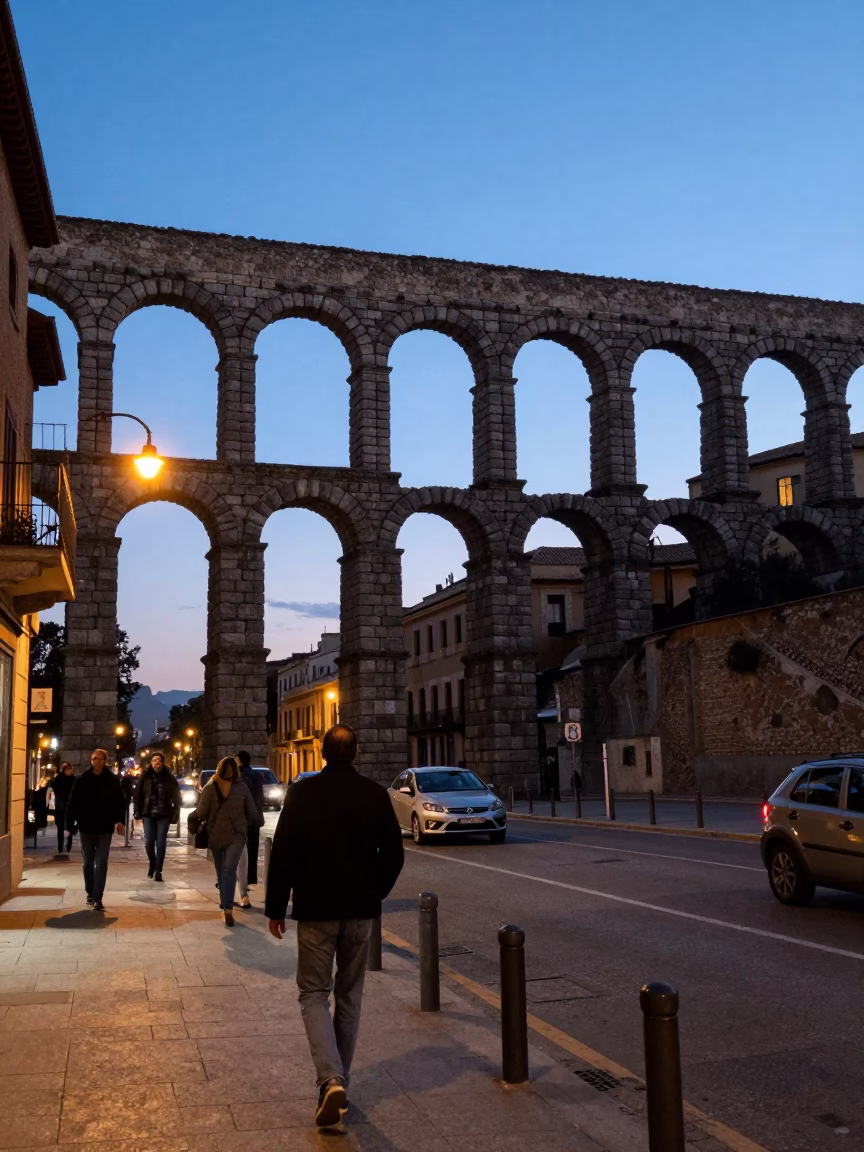 Blue Hour Street Scene in Barcelona Spain with Roman Aqueduct Background in in Barcelona, Spain