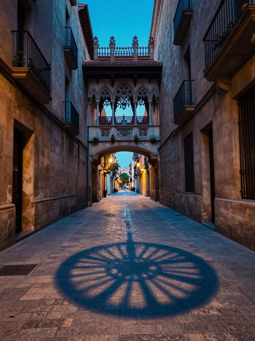 Blue Hour Street Scene in Barcelona Spain with Wicker Shadow and Garlic Press in in Barcelona, Spain