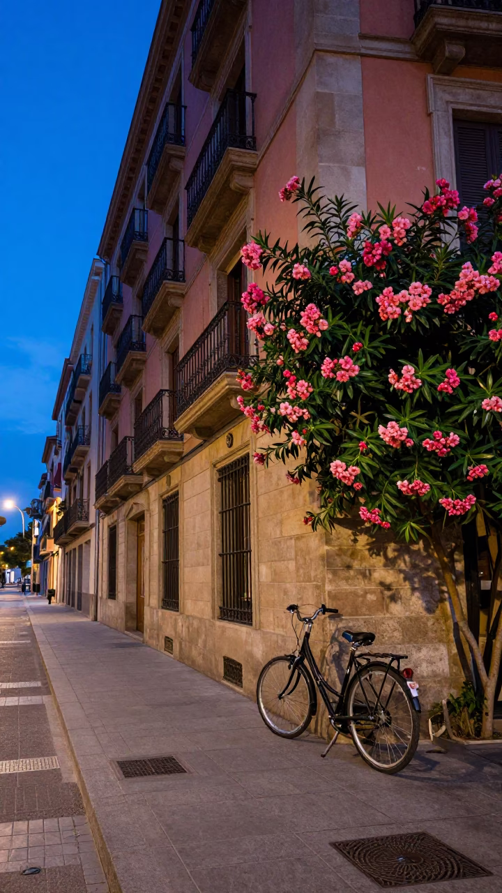 Blue Hour Street Scene in Barcelona with Bicycle and Oleander Hedge in in Barcelona, Spain