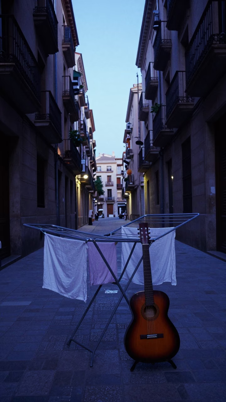 Blue hour street scene in Barcelona with drying rack and guitar in in Barcelona, Spain