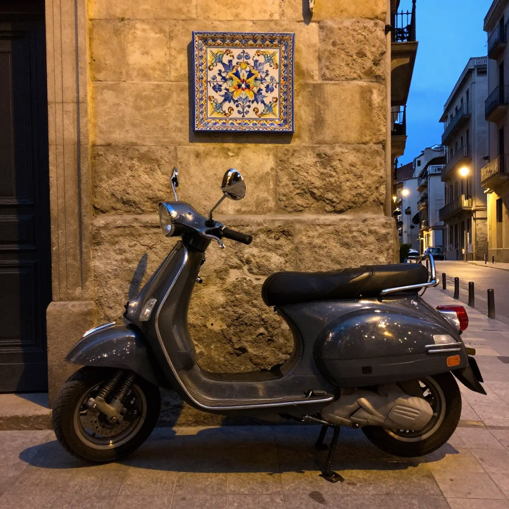 Blue Hour Street Scene in Barcelona with Vintage Motorcycle and Ceramic Plate in in Barcelona, Spain