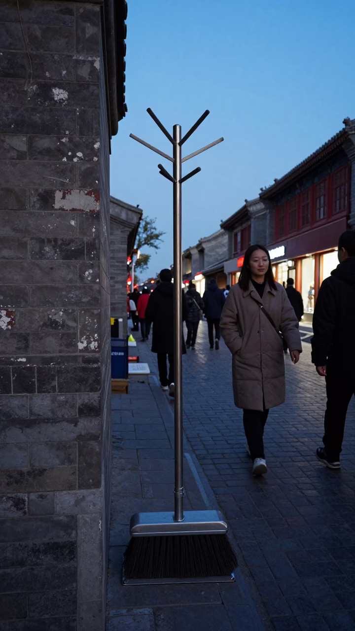 Blue Hour Street Scene in Beijing China with Coats and Cobblestones in in Beijing, China