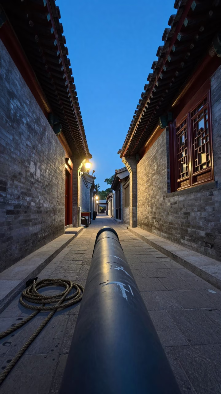 Blue Hour Street Scene in Beijing China with Coiled Rope and Scratched Rail in in Beijing, China