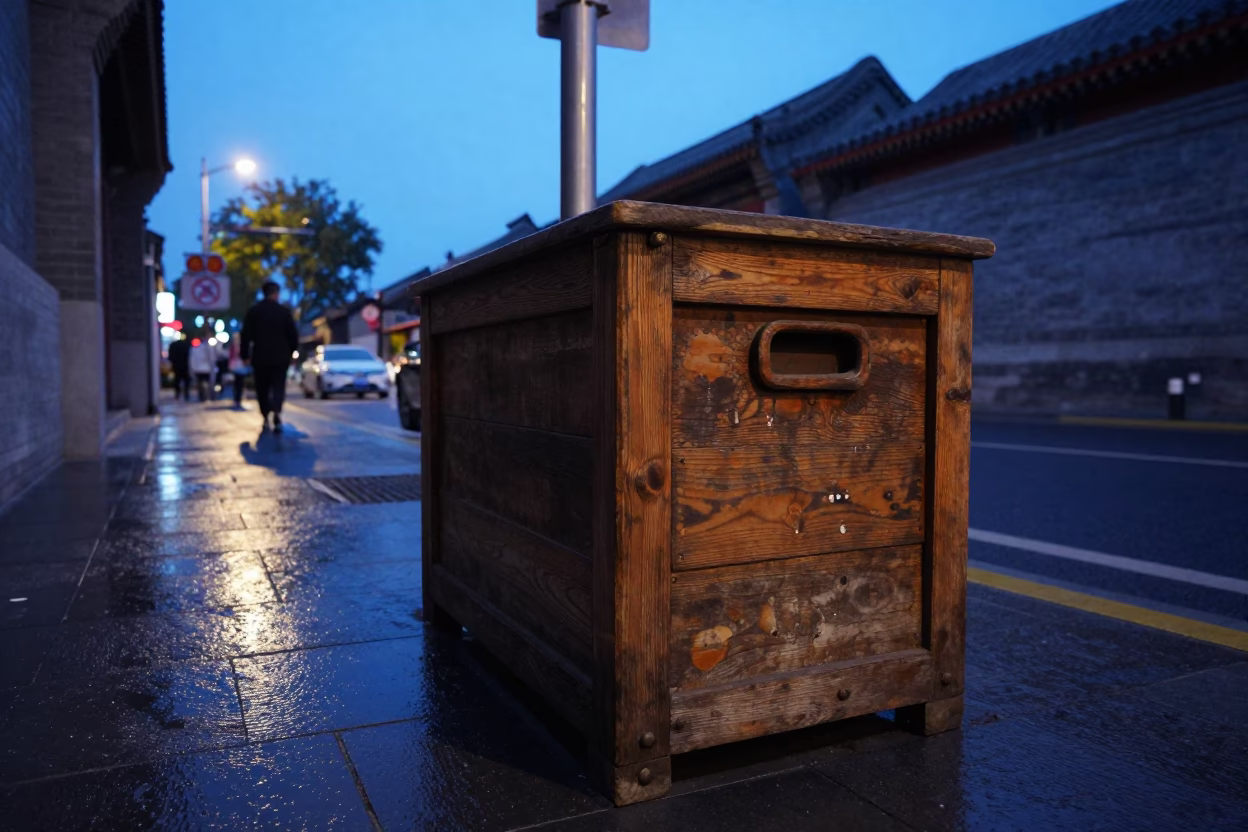 Blue Hour Street Scene in Beijing China with Vintage Crate and Urban Details in in Beijing, China