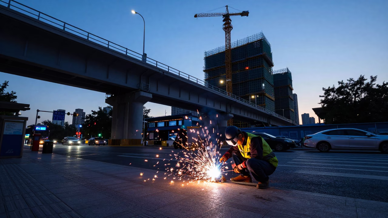 Blue Hour Street Scene in Beijing China with Welding Sparks and Urban Construction Activity in in Beijing, China