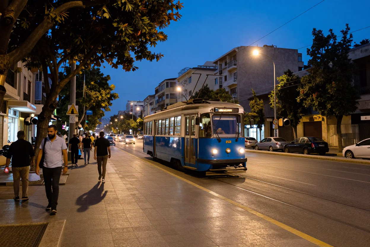 Blue Hour Street Scene in Beirut Lebanon with Tramcar and Urban Life in in Beirut, Lebanon