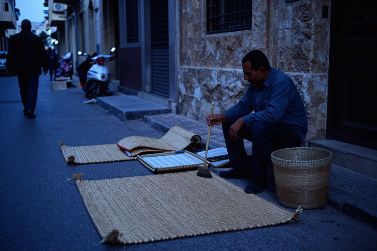 Blue Hour Street Scene in Beirut Lebanon with Woven Mats and Brush in in Beirut, Lebanon