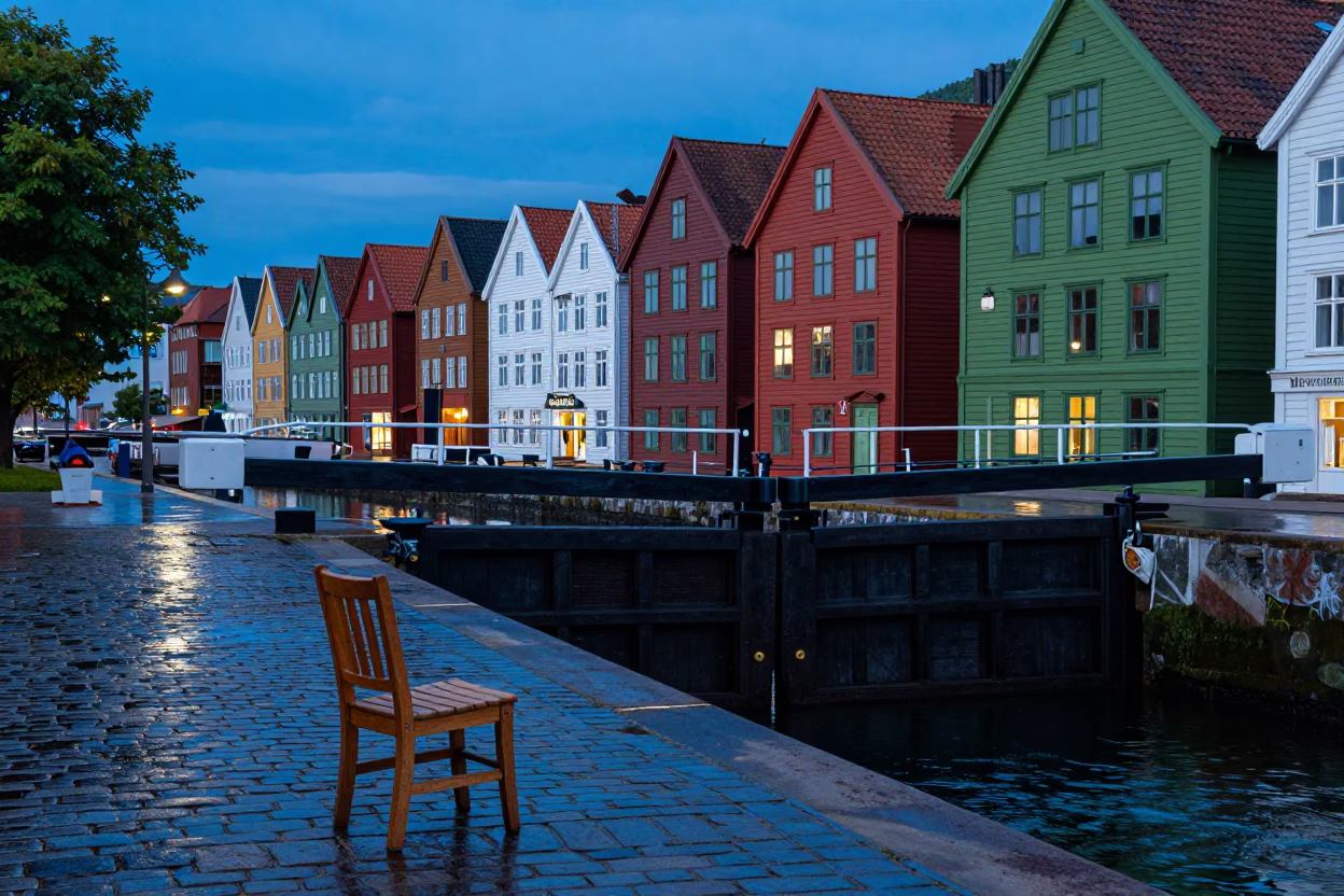 Blue Hour Street Scene in Bergen Norway with Canal Lock Gate and Green Water in in Bergen, Norway