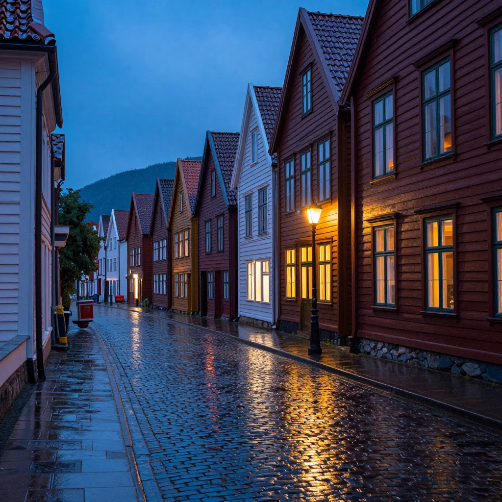 Blue Hour Street Scene in Bergen Norway with Cobblestones and Rain in in Bergen, Norway