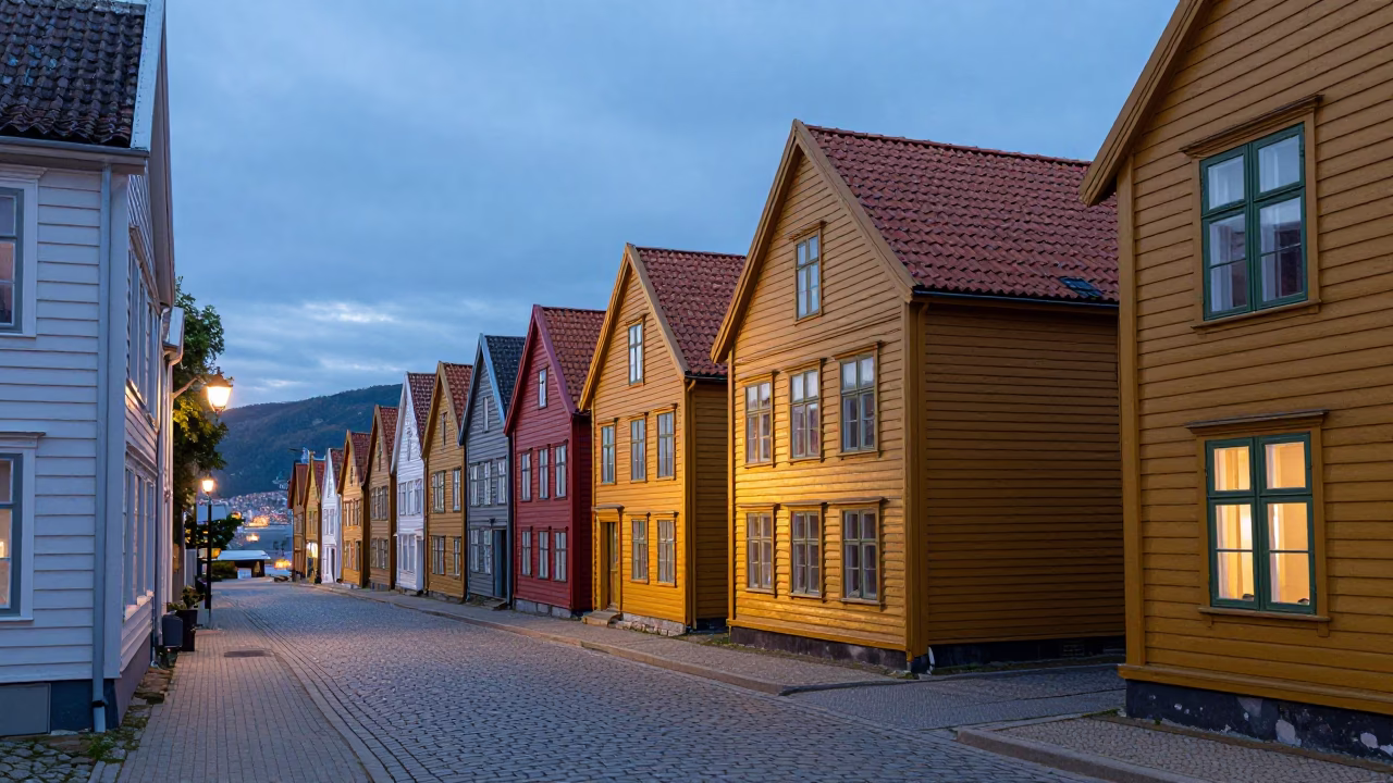 Blue Hour Street Scene in Bergen Norway with Colorful Houses and Local Life in in Bergen, Norway