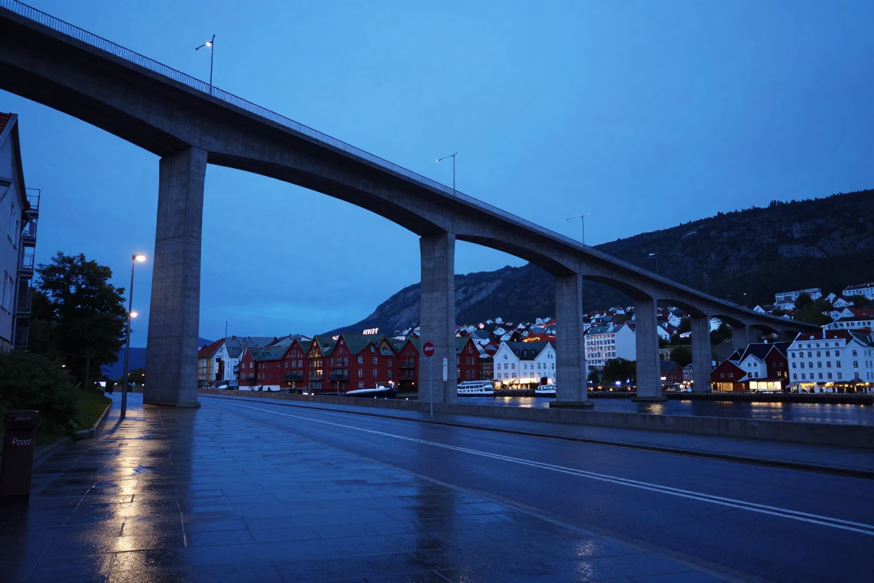 Blue Hour Street Scene in Bergen Norway with Concrete Viaduct and Harbor Promenade in in Bergen, Norway