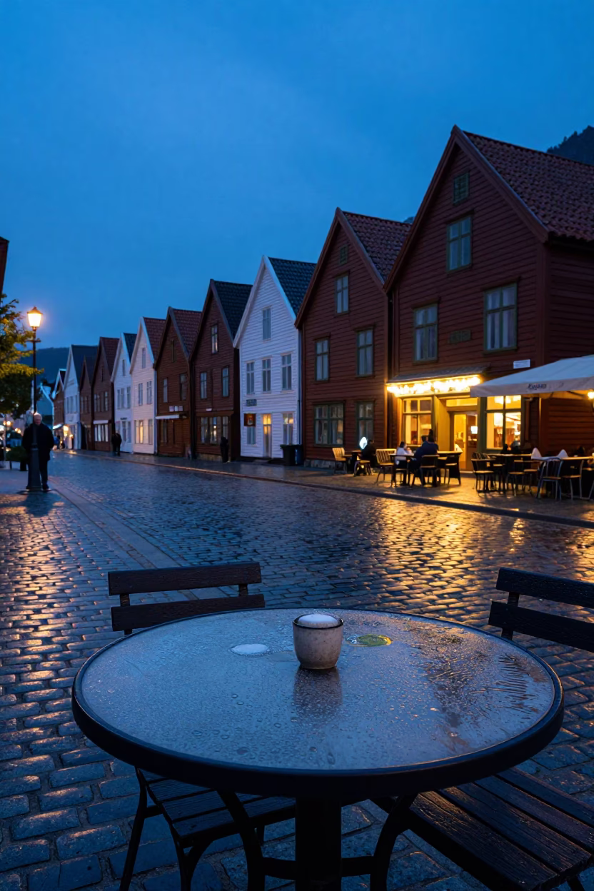 Blue Hour Street Scene in Bergen Norway with Condensation on Tabletop in in Bergen, Norway
