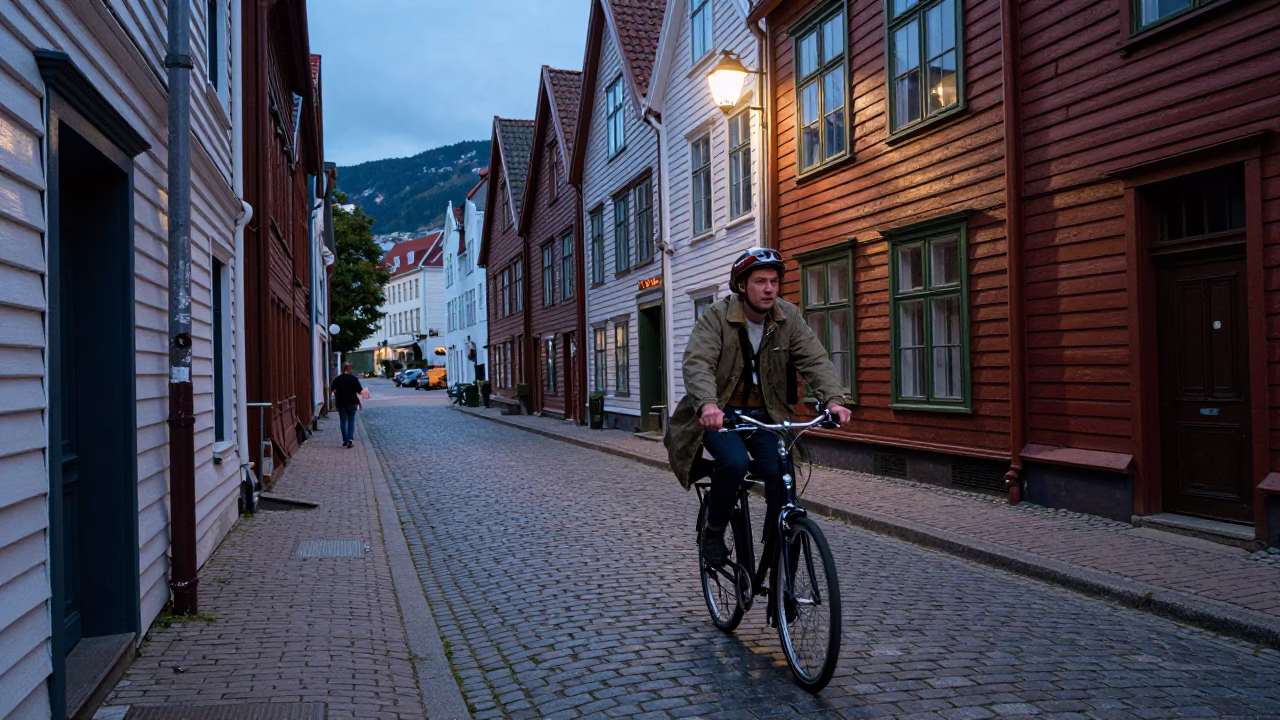 Blue Hour Street Scene in Bergen Norway with Cyclist and Cobblestone Alley in in Bergen, Norway