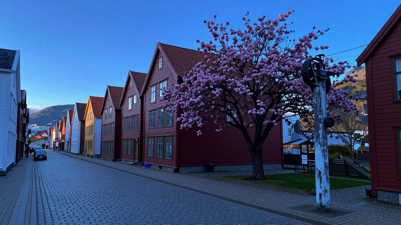 Blue Hour Street Scene in Bergen Norway with Dogwood and Pulley in in Bergen, Norway