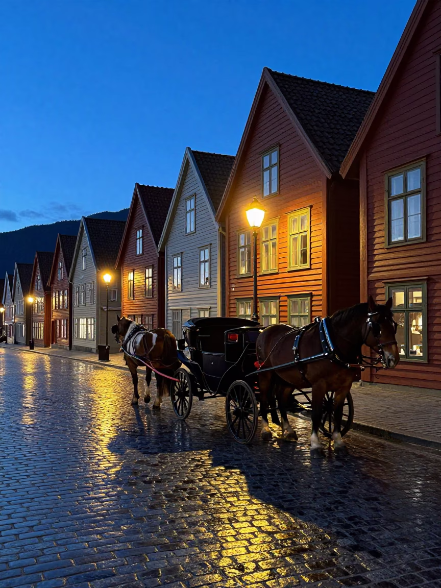 Blue Hour Street Scene in Bergen Norway with Horse-Drawn Carriage on Cobblestones in in Bergen, Norway