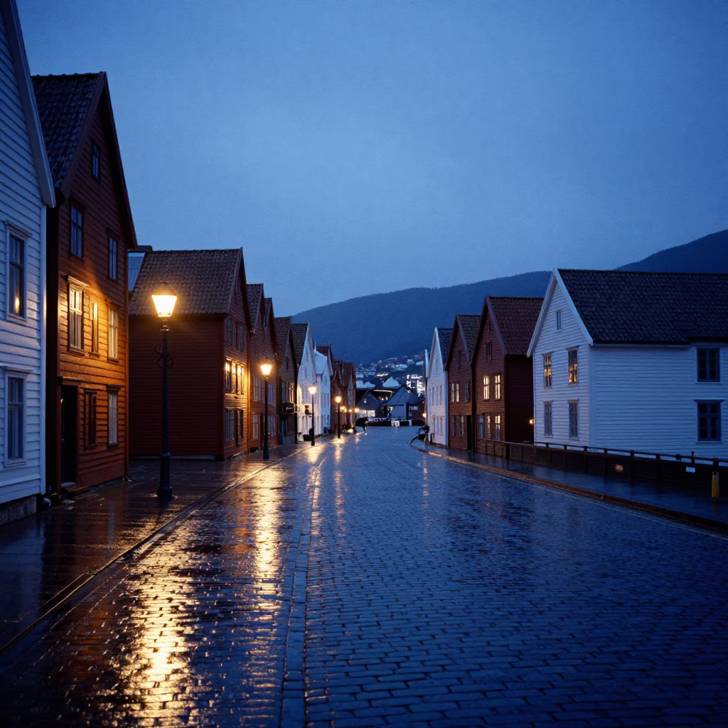 Blue Hour Street Scene in Bergen Norway with Iron Hook and Wet Cobblestones in in Bergen, Norway