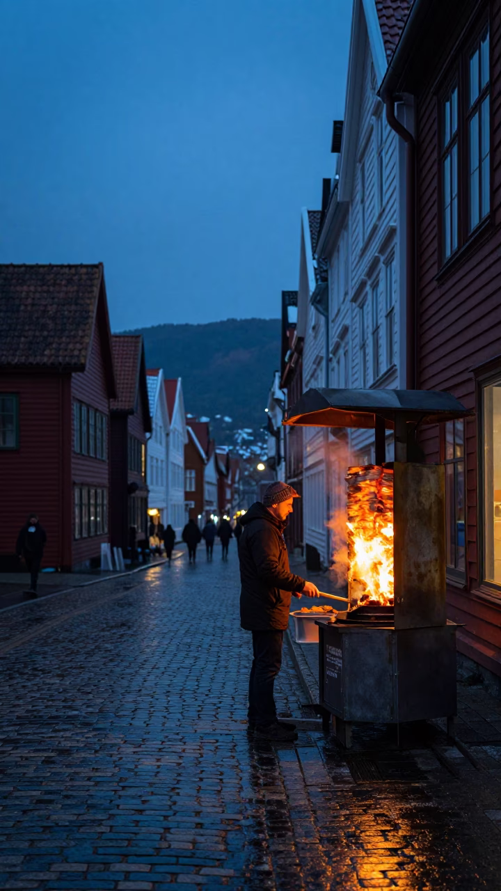 Blue Hour Street Scene in Bergen Norway with Kebab Grill and Wet Cobblestone Reflections in in Bergen, Norway