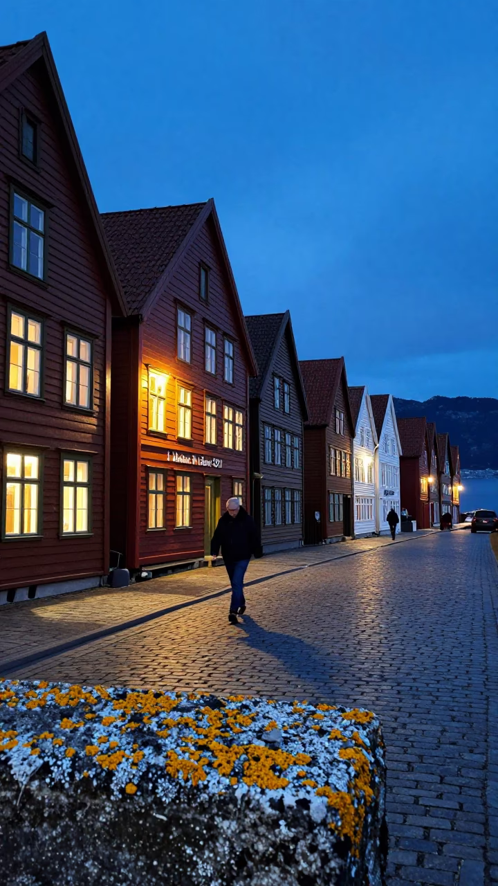 Blue Hour Street Scene in Bergen Norway with Lichen and Window Light in in Bergen, Norway