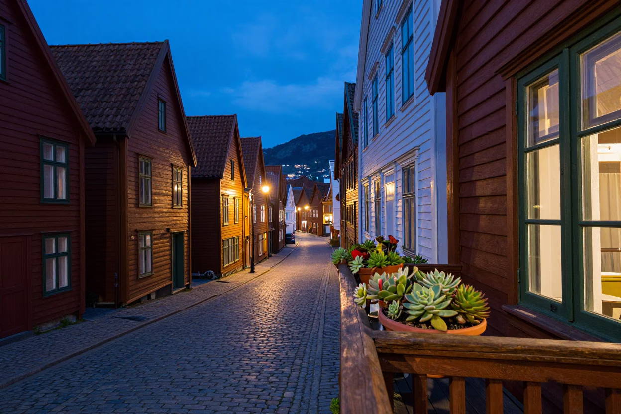 Blue Hour Street Scene in Bergen Norway with Potted Succulents on Wooden Balcony in in Bergen, Norway