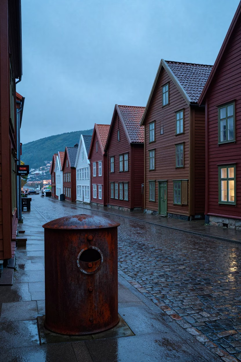 Blue Hour Street Scene in Bergen Norway with Rusty Metal and Vintage Urban Details in in Bergen, Norway