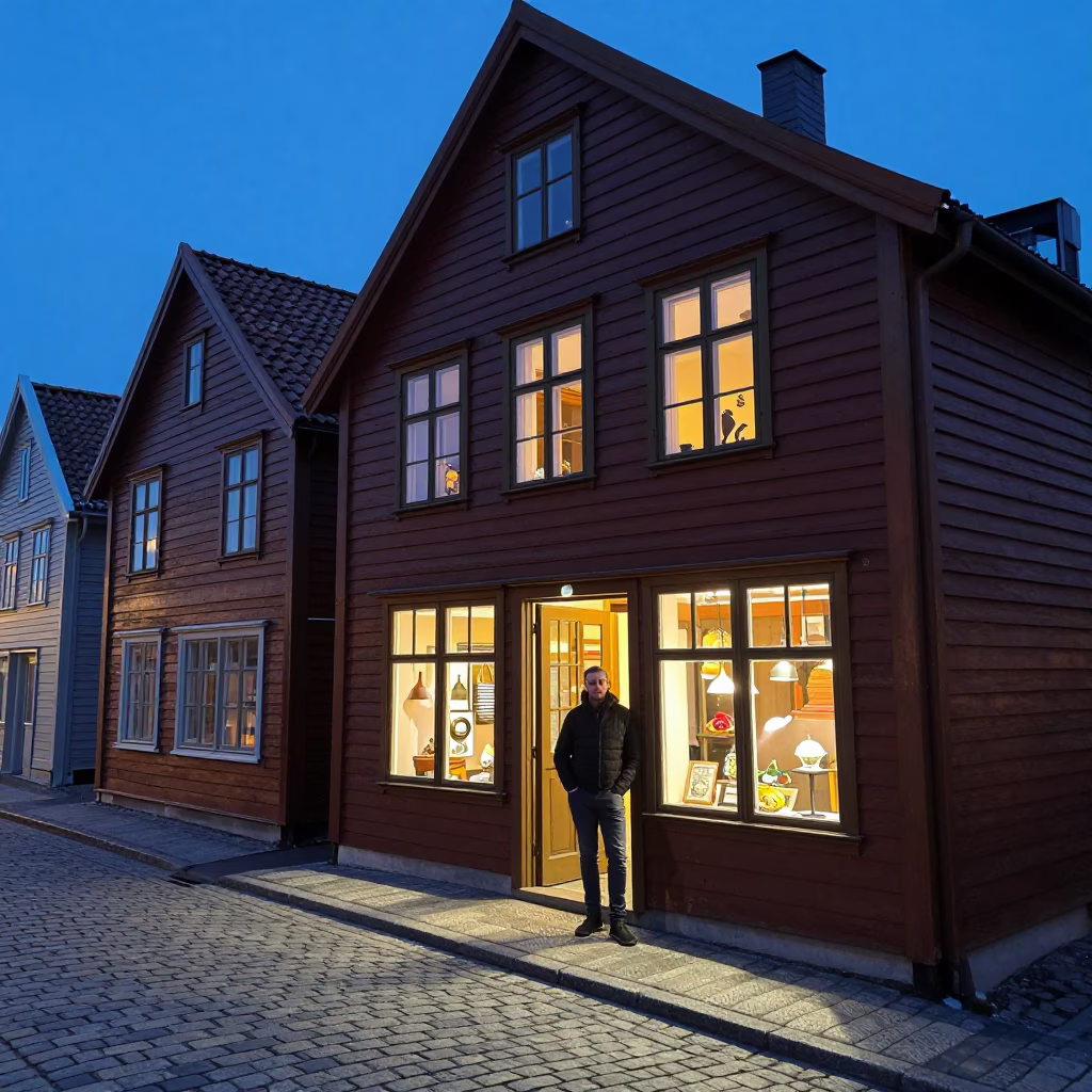 Blue Hour Street Scene in Bergen Norway with Shopkeeper and Warm Interior Light in in Bergen, Norway
