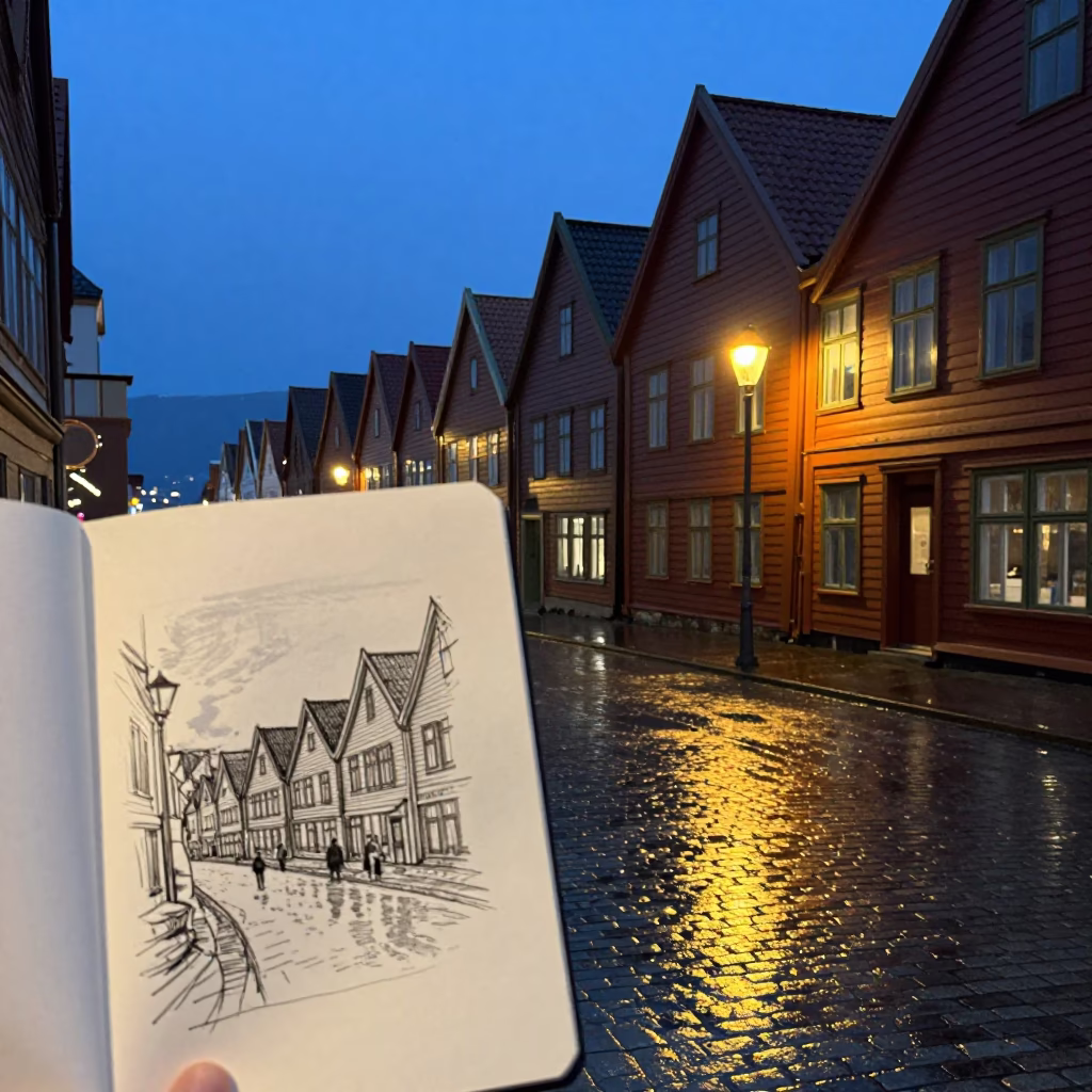 Blue Hour Street Scene in Bergen Norway with Sketchbook and Urban Details in in Bergen, Norway