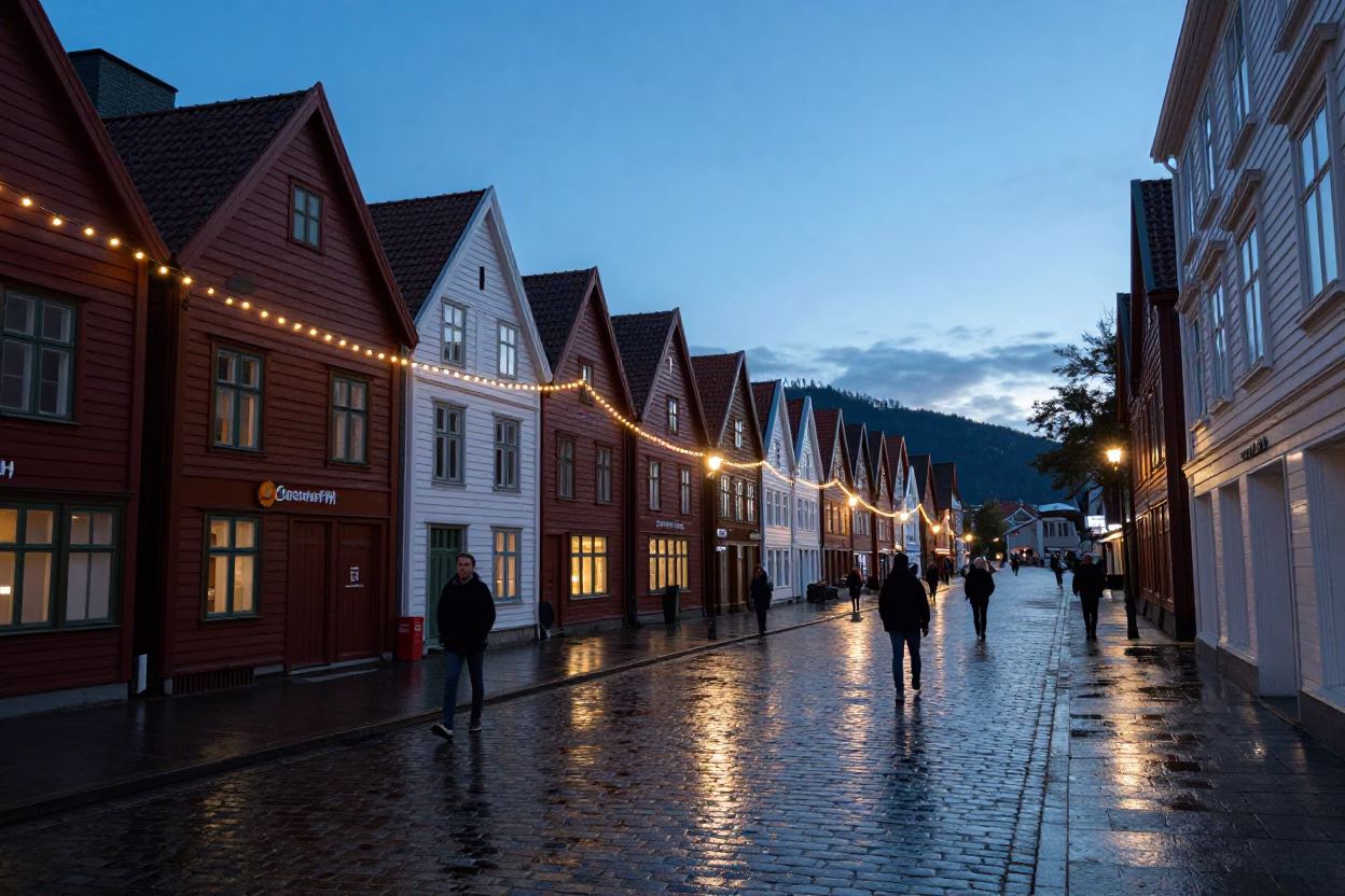 Blue Hour Street Scene in Bergen Norway with String Lights and Wet Cobblestones in in Bergen, Norway