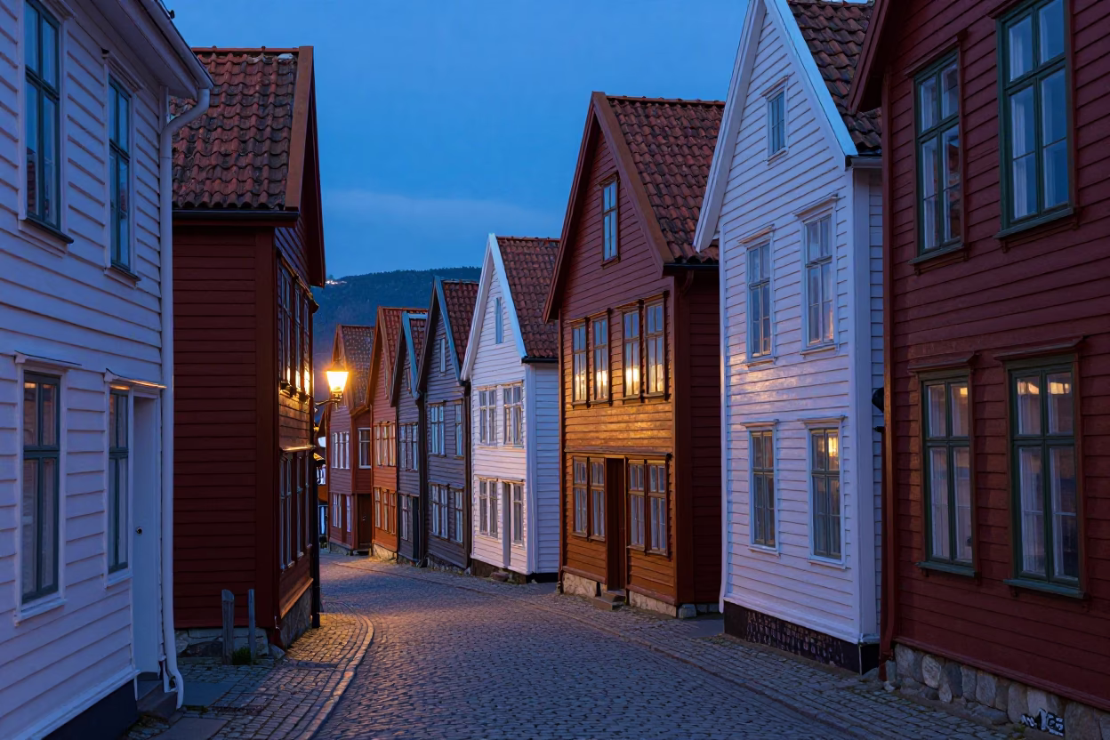 Blue Hour Street Scene in Bergen Norway with Traditional Wooden Houses in in Bergen, Norway