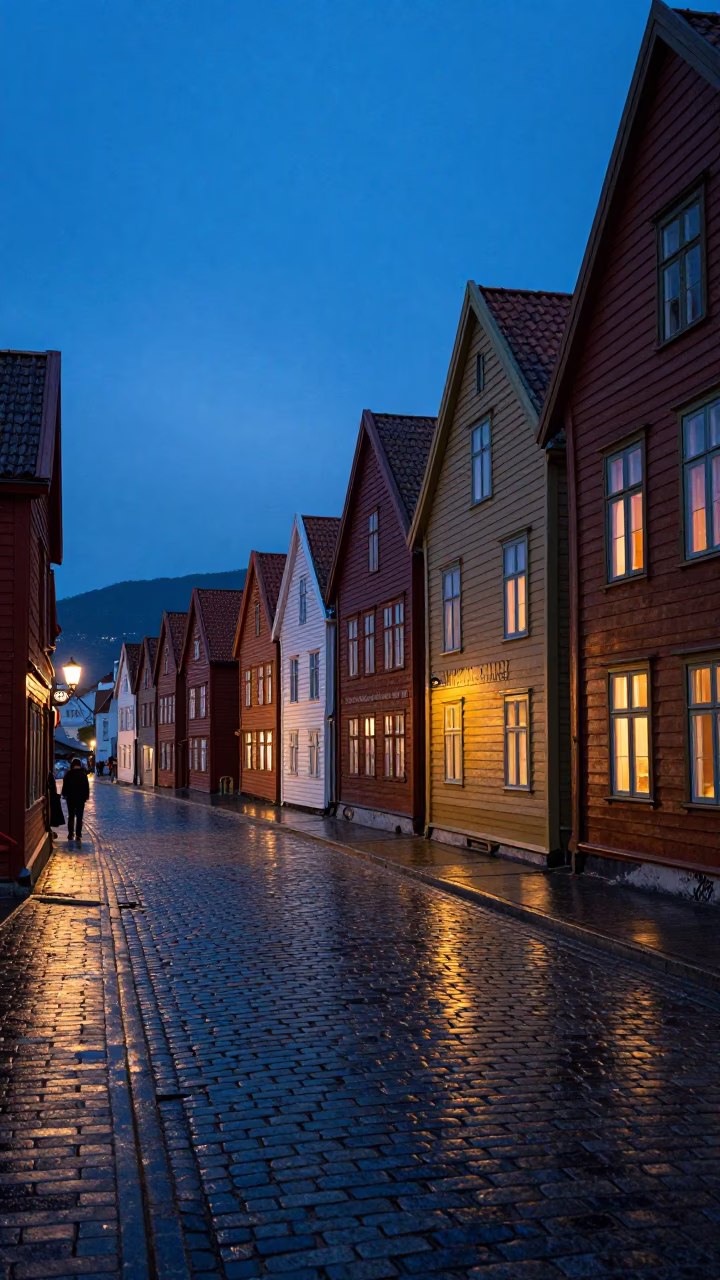 Blue Hour Street Scene in Bergen Norway with Traditional Wooden Wharf Houses in in Bergen, Norway