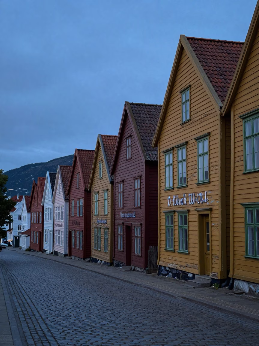 Blue Hour Street Scene in Bergen Norway with Vintage 1970s Film Aesthetic in in Bergen, Norway