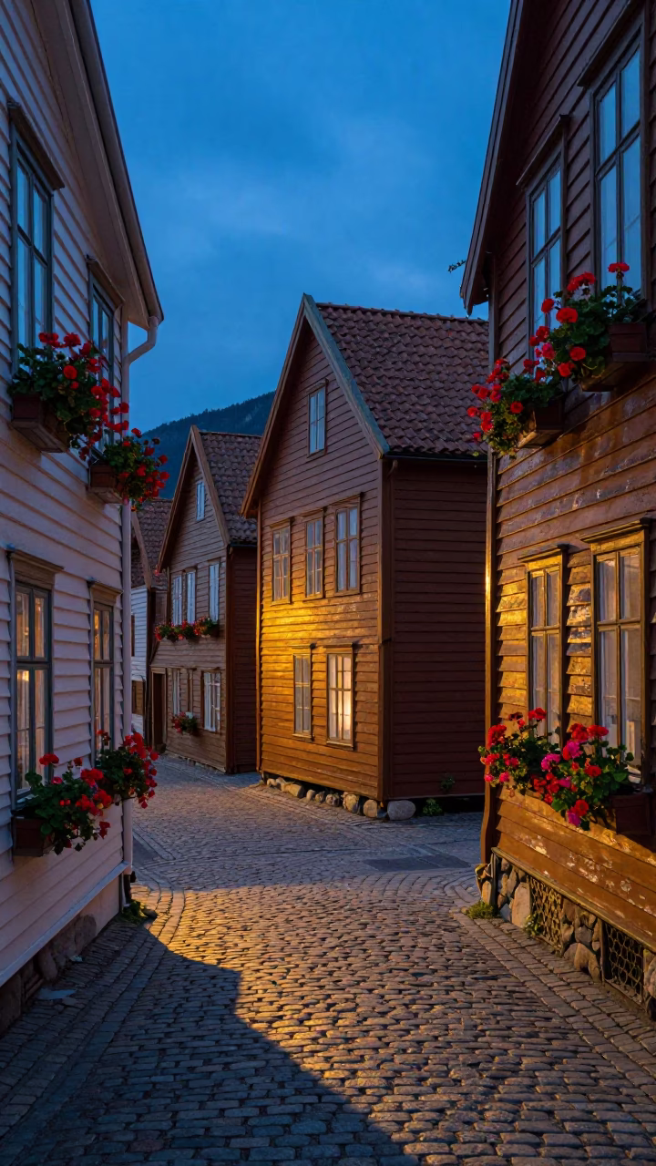 Blue Hour Street Scene in Bergen Norway with Wicker Shadows and Geraniums in in Bergen, Norway