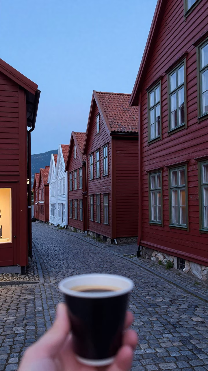 Blue Hour Street Scene in Bergen Norway with Wooden Houses and Coffee Cup in in Bergen, Norway