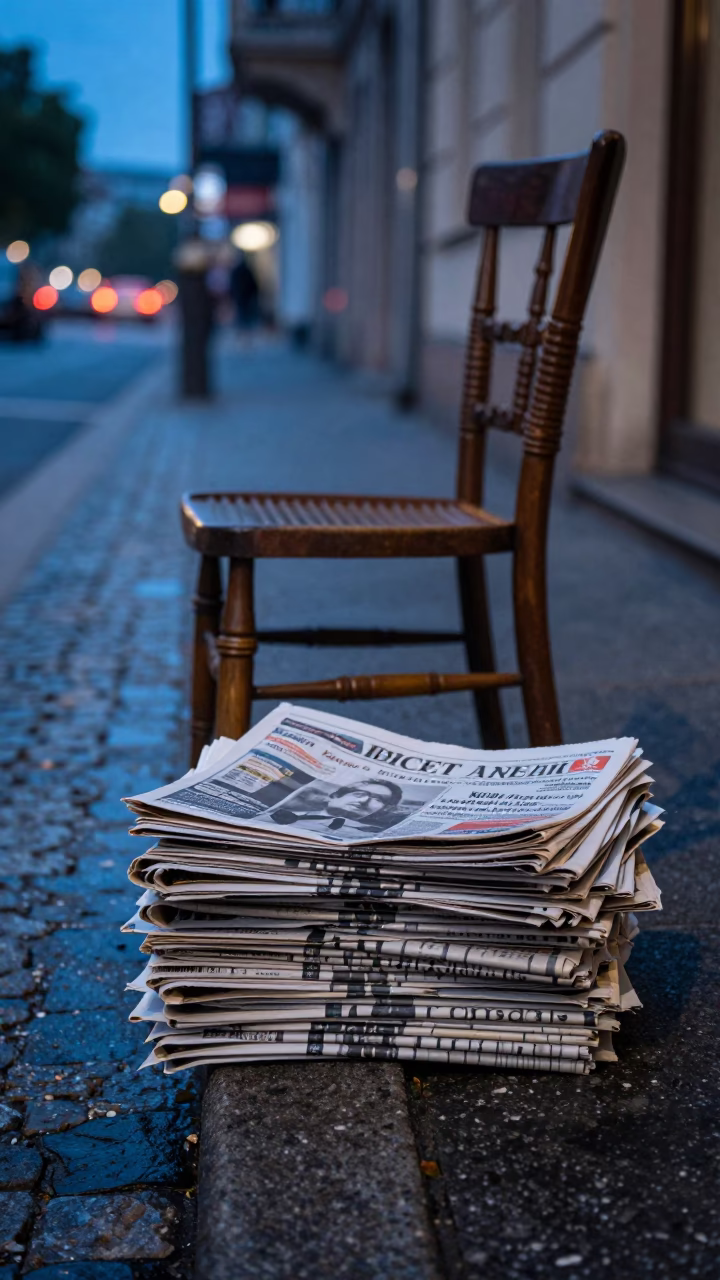 Blue Hour Street Scene in Berlin with Newspaper Stack and Spindle Chair in in Berlin, Germany
