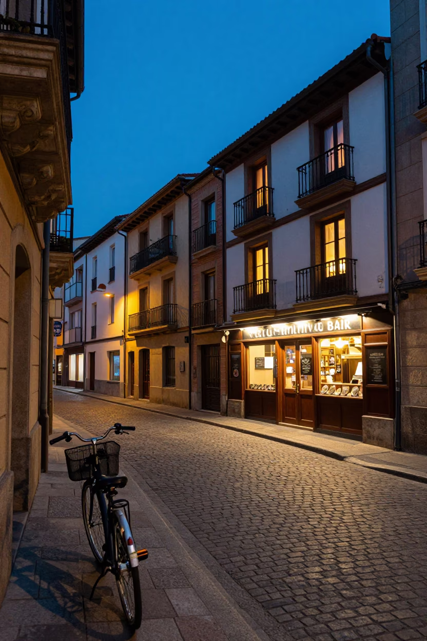 Blue Hour Street Scene in Bilbao Spain with Bicycle Basket and Oyster Bar in in Bilbao, Spain